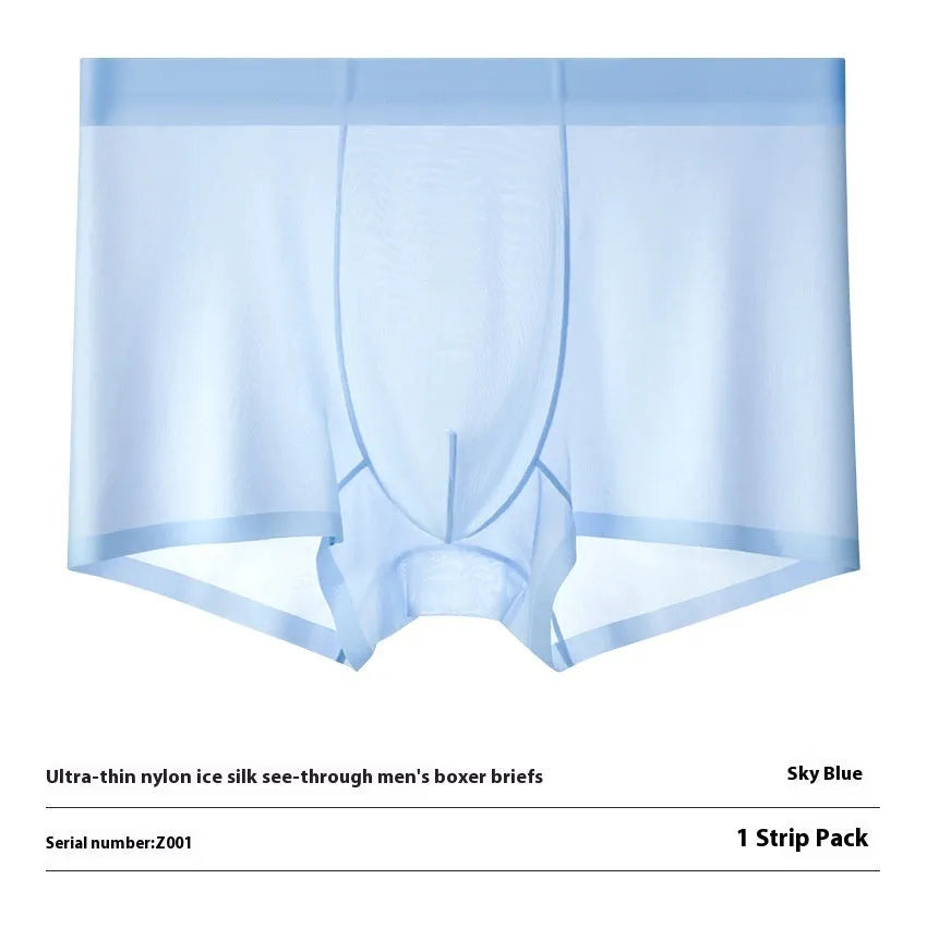 Men's ultra-thin ice silk boxer briefs in white, seamless breathable design for summer.