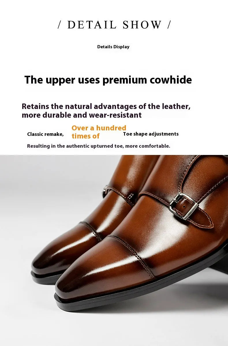 Men's black and light brown leather business shoes with square toe design and rubber soles