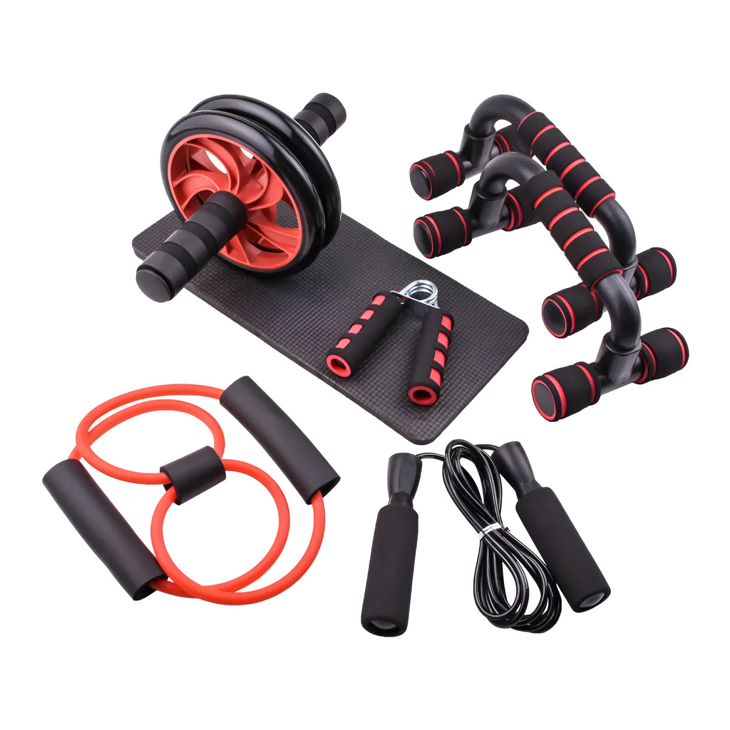 Push-up bracket set with seven abdominal wheels in red, green, black, and blue for indoor fitness