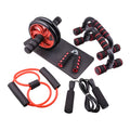 Push-up bracket set with seven abdominal wheels in red, green, black, and blue for indoor fitness