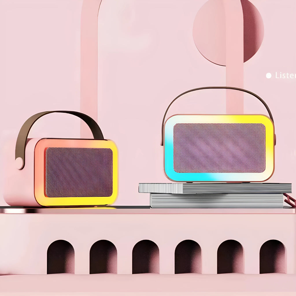 Portable Bluetooth microphone speaker with coloured LED lights in white, pink, or sky blue colour options