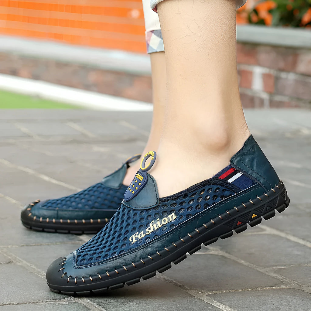 Men's brown mesh casual shoes with round toe and rubber sole