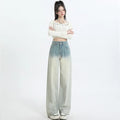 Gradient blue straight-leg wide-leg women's denim trousers laid flat