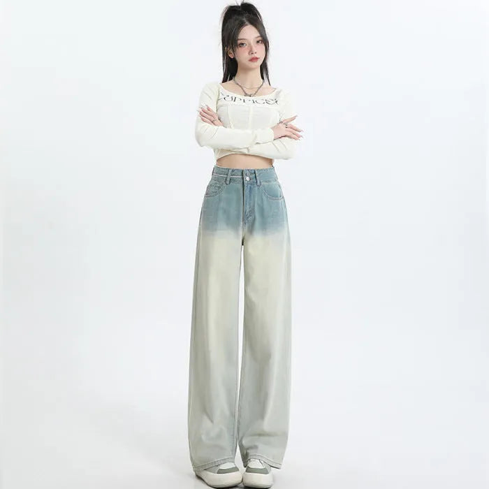 Gradient blue straight-leg wide-leg women's denim trousers laid flat