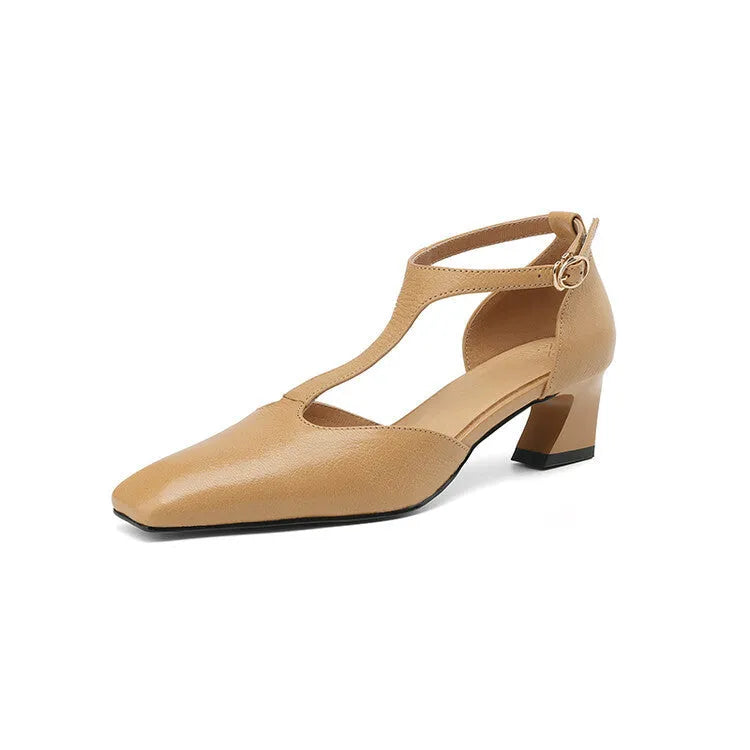 Red women's square toe chunky heel shoes with buckle, made from sheepskin leather.
