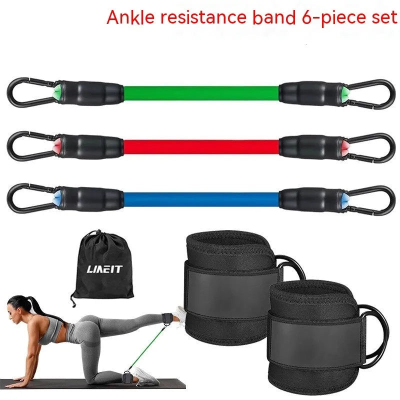 TPE leg resistance band set with three tension levels, foot loops, and storage bag for yoga hip lifting exercises
