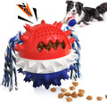 Blue and red TPR rubber squeaky dog ball toy with treat dispenser hole, for large aggressive chewers.