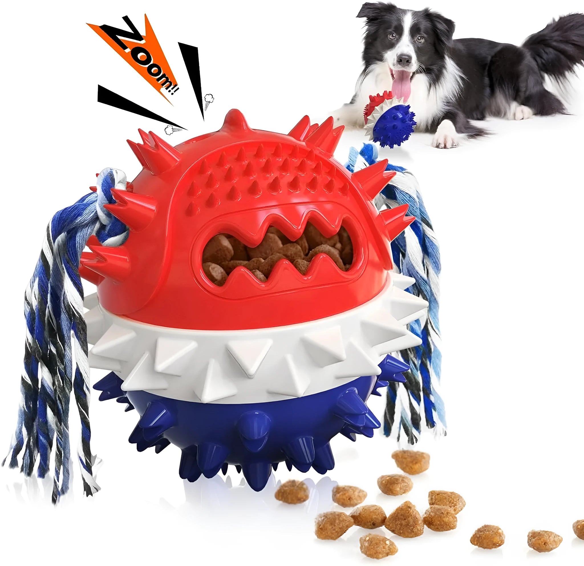 Blue and red TPR rubber squeaky dog ball toy with treat dispenser hole, for large aggressive chewers.