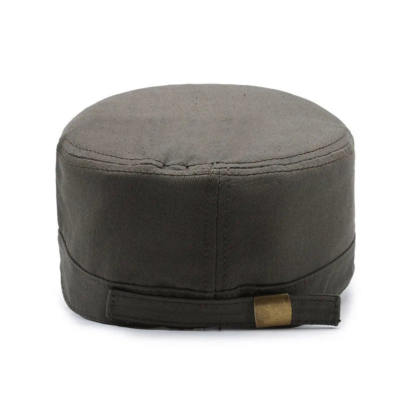 Men's flat-top peaked cotton cap in army green with adjustable strap and English letter detail