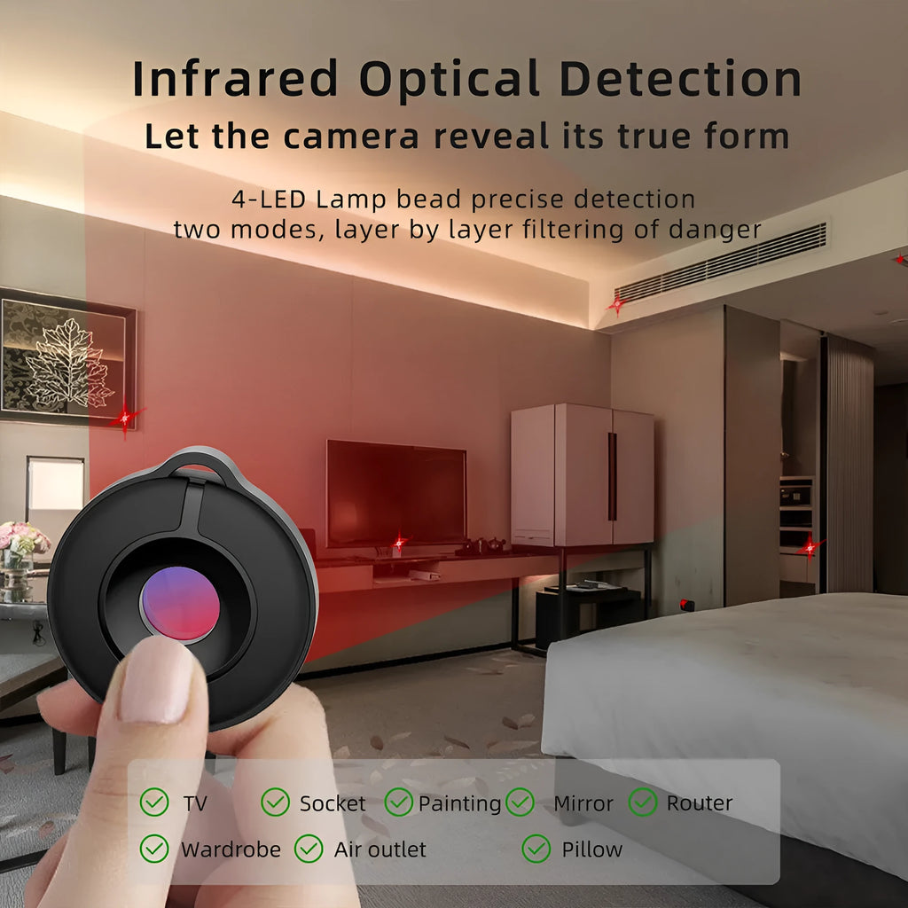 Compact infrared camera detector device for finding hidden surveillance cameras with 5 metre detection range