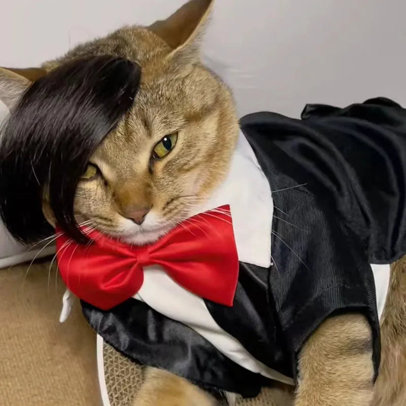 Black polyester cat wig with imitation braid detailing for pet dress up
