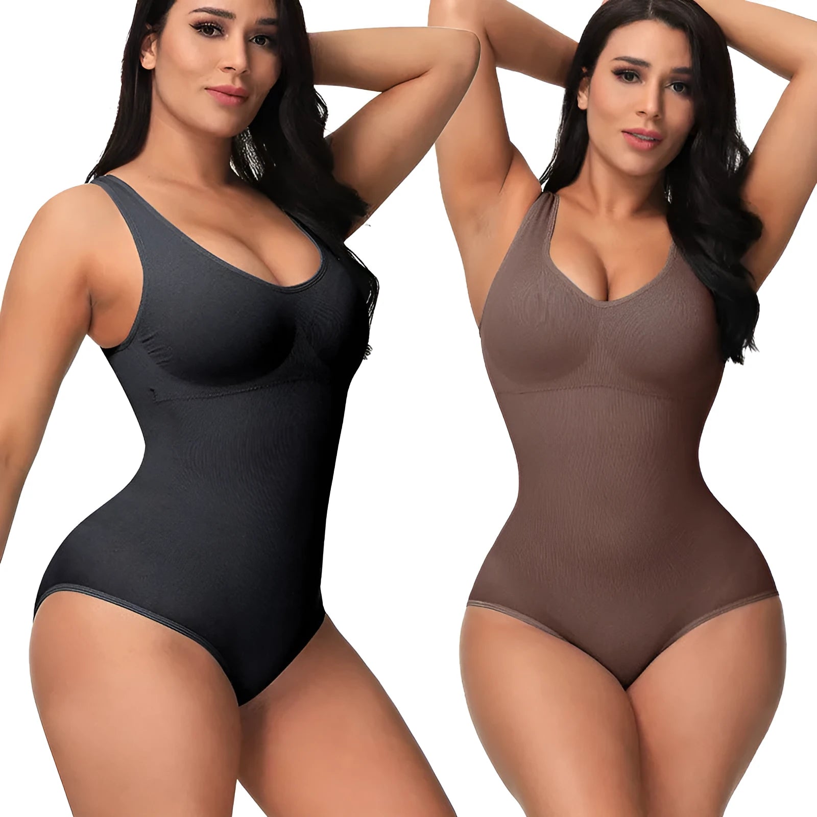Seamless nylon bodysuit shapewear for women in apricot colour on a hanger.