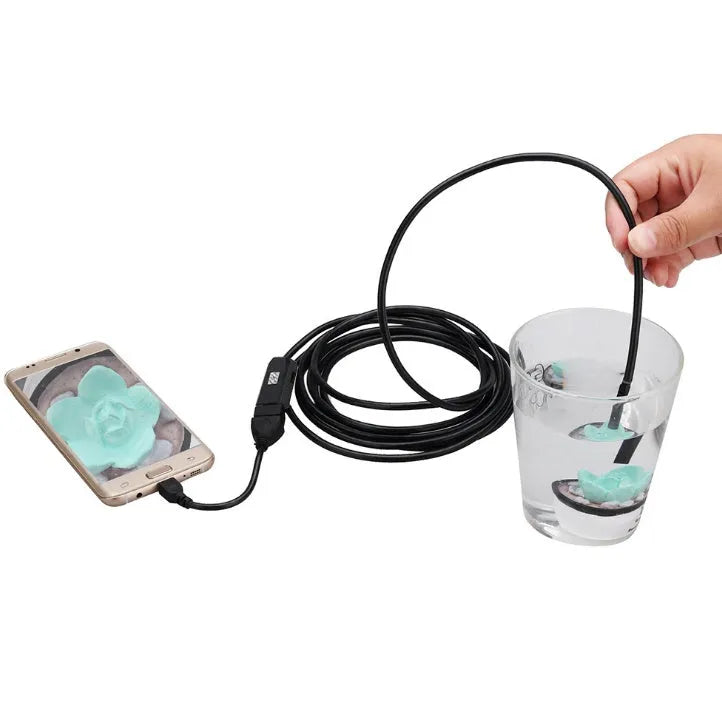 OWSOO USB endoscope camera with 5m cable, magnet, hook, and side audition tools for phone and computer inspection.