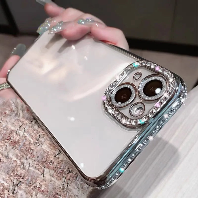 Rhinestone glass phone case for iPhone in Rose Gold showing full back coverage with TPU edges