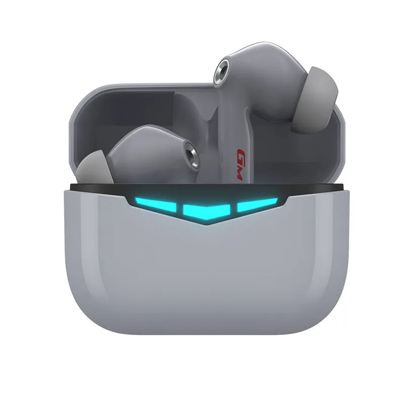 True wireless Bluetooth gaming headset in black with charging case and silicone ear tips.