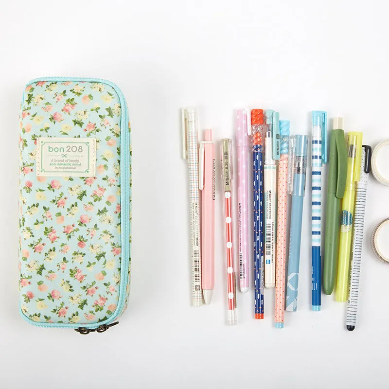 Canvas composite student stationery pen storage bag in water blue colour 190x80mm