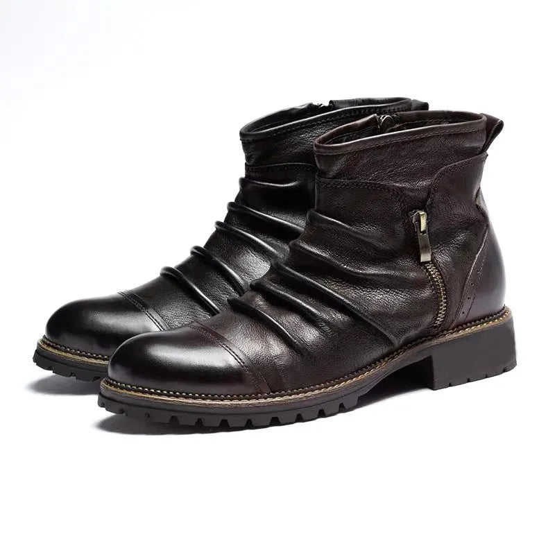 Men's black cowboy boots with side zipper, embossed texture, round toe, and a medium horseshoe heel.