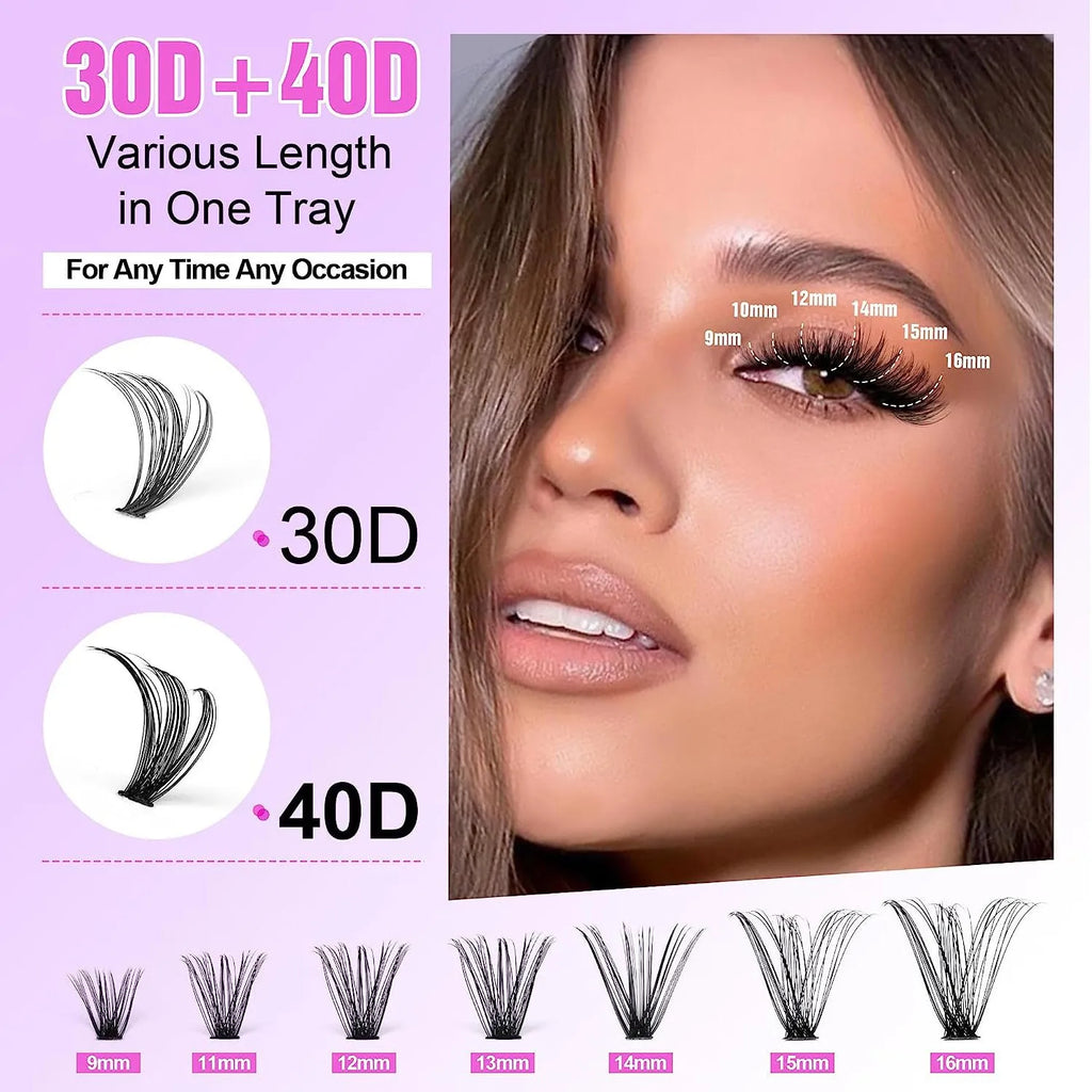 DIY cluster false eyelashes mixed package showing 30D and 40D density lashes with tweezers