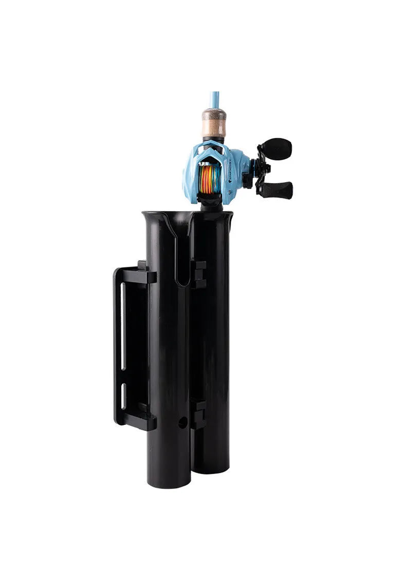 Black carbon fibre plastic fishing rod rack mounted on bicycle handlebars with adjustable straps