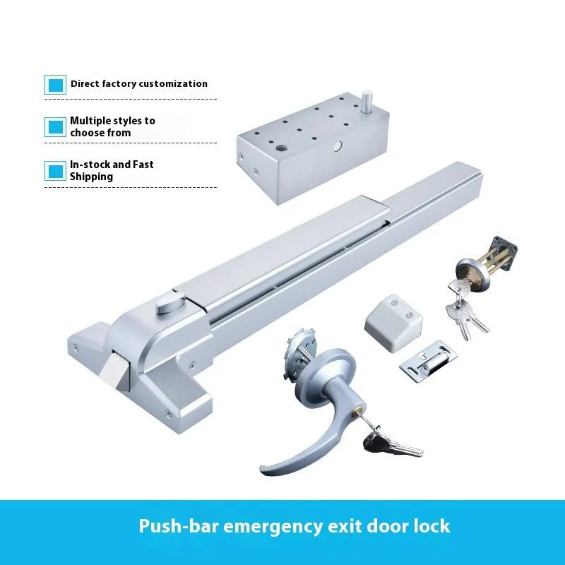 Stainless steel fire door push lock with external handle for 65cm baked paint single doors.