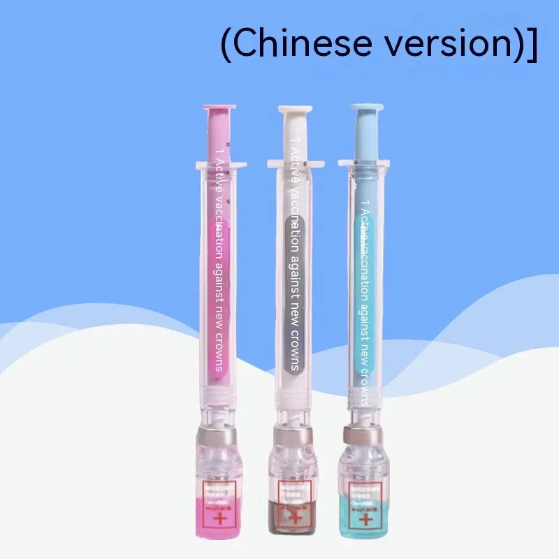 Vaccine design gel pen with black 0.5mm refill and plastic cap, measuring 15.7cm