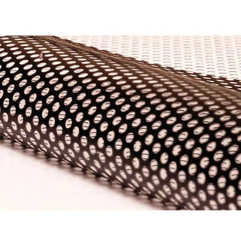 Roll of black perforated automotive vinyl wrap film showing mesh texture and scale.