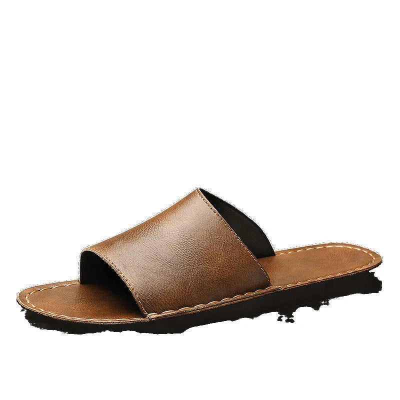 Men's brown and black leather sandals with rubber soles for casual outdoor wear
