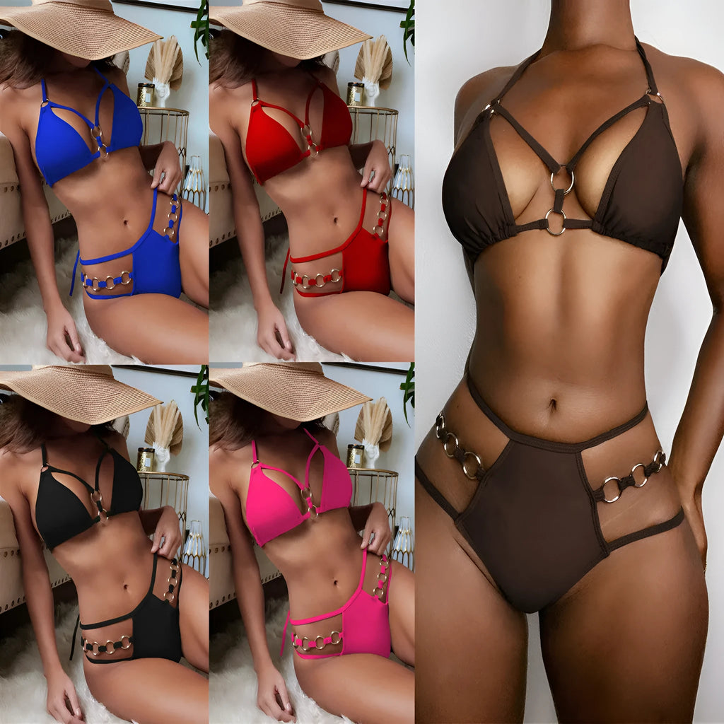 Women's separated bikini swimwear set in nylon fabric showing colour options