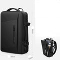 Large black men's backpack with multiple zippered pockets and 36-55 litre capacity