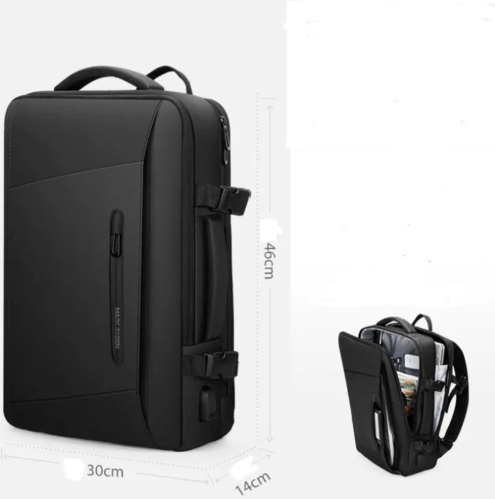 Large black men's backpack with multiple zippered pockets and 36-55 litre capacity