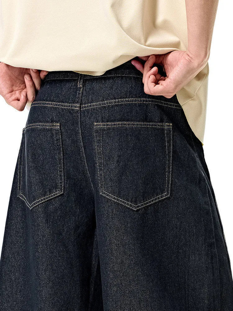 Men's wide leg denim trousers in original cow colour with mid waist cut