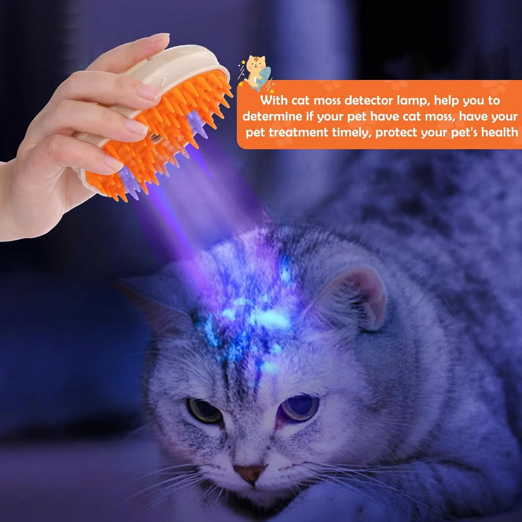 Yellow 4-in-1 cat steam brush with water spray, vibration massage, and ringworm detector light