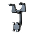 Black rearview mirror car phone holder showing adjustable arm and universal four-claw phone grip.