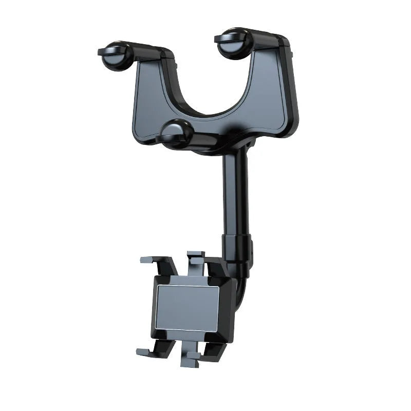 Black rearview mirror car phone holder showing adjustable arm and universal four-claw phone grip.