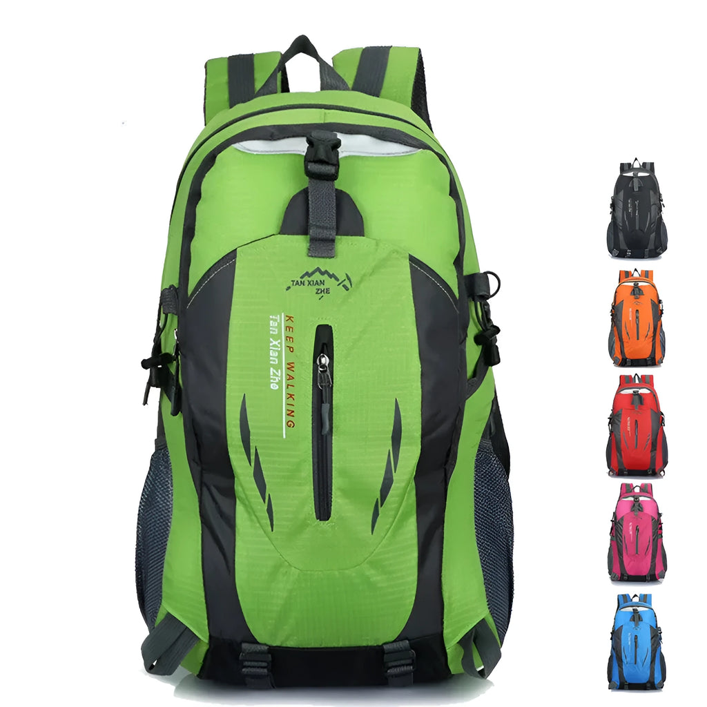 Large waterproof Oxford cloth travel backpack in red showing laptop pocket and double shoulder straps