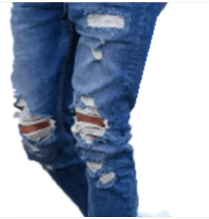 Deep blue men's jeans with distressed hole detailing on cotton fabric showing front and back views