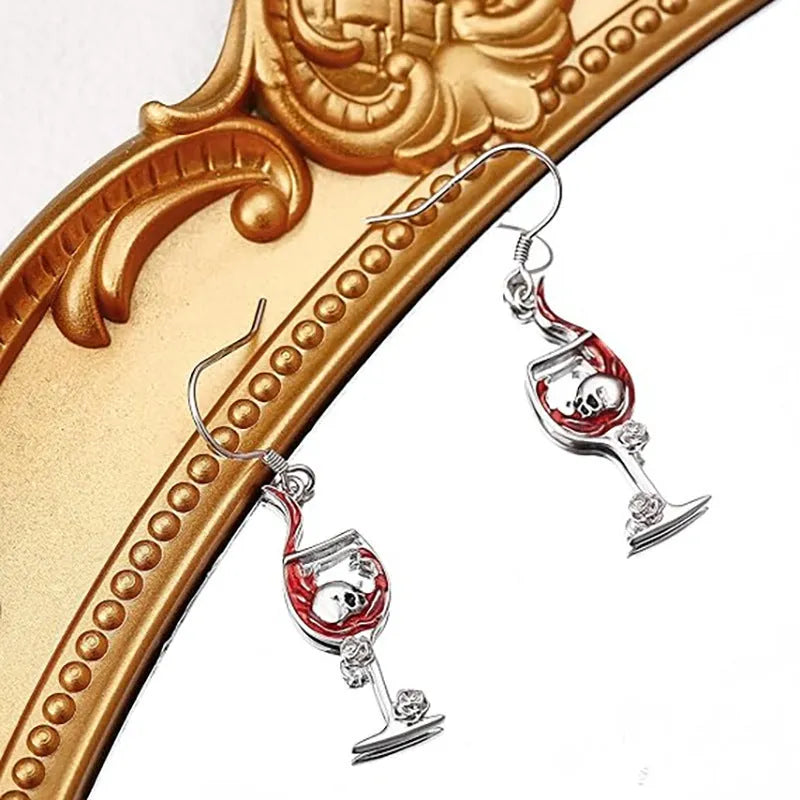 Halloween skull wine glass design earrings with electroplated zinc alloy construction and geometric shape