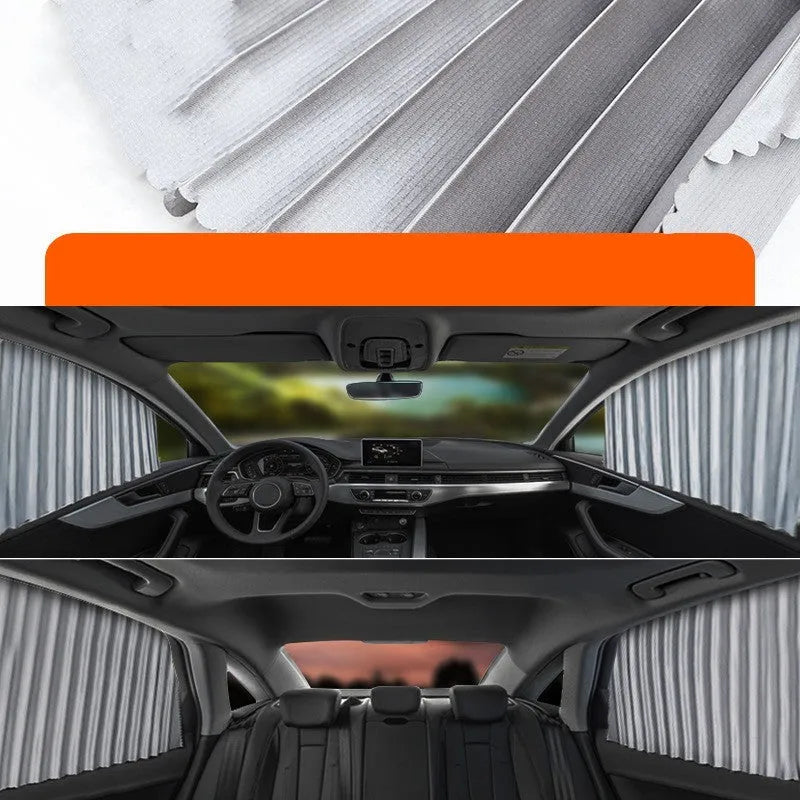 Auto retractable car sunshade curtain in opaque cloth, shown in a silver colour on a car window.
