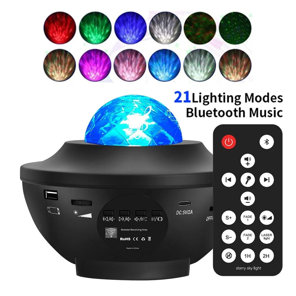 Black-parallel starry sky projection lamp with rotating water ripple laser effects and Bluetooth connectivity