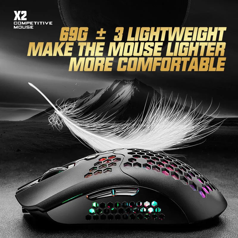 Free Wolf X2 wireless RGB gaming mouse with honeycomb shell in various colours on a desk.