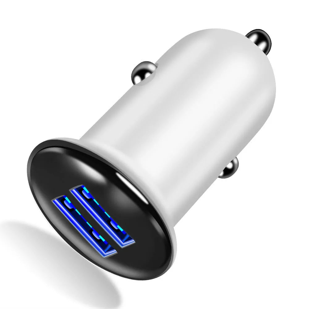 White LED dual USB car charger with electroplated finish, 50x28x28mm, for smartphone and tablet charging