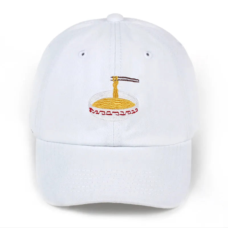 Cotton baseball cap with adjustable size, curling eaves, and dome top in blue, black, white, and pink