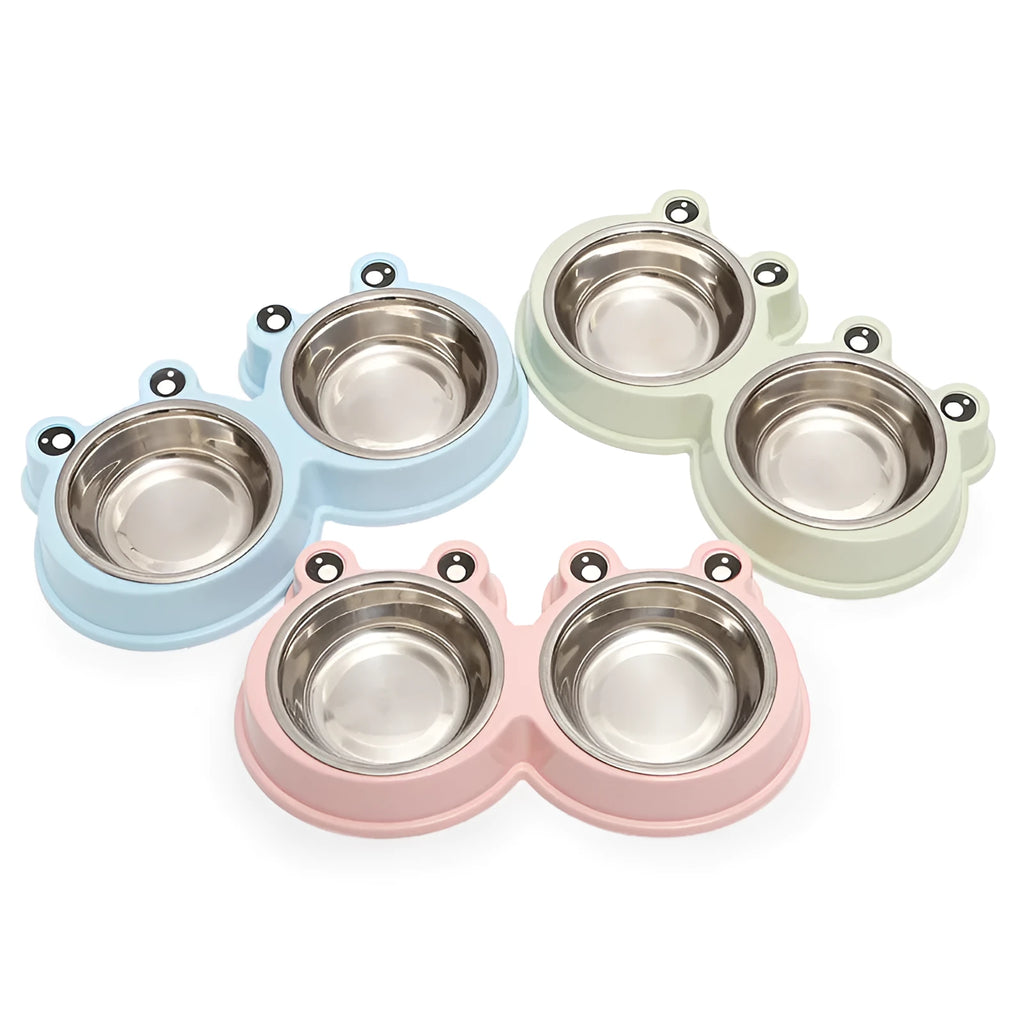Pet double bowl feeding station with stainless steel frog bowl insert in blue, green, or pink colour options