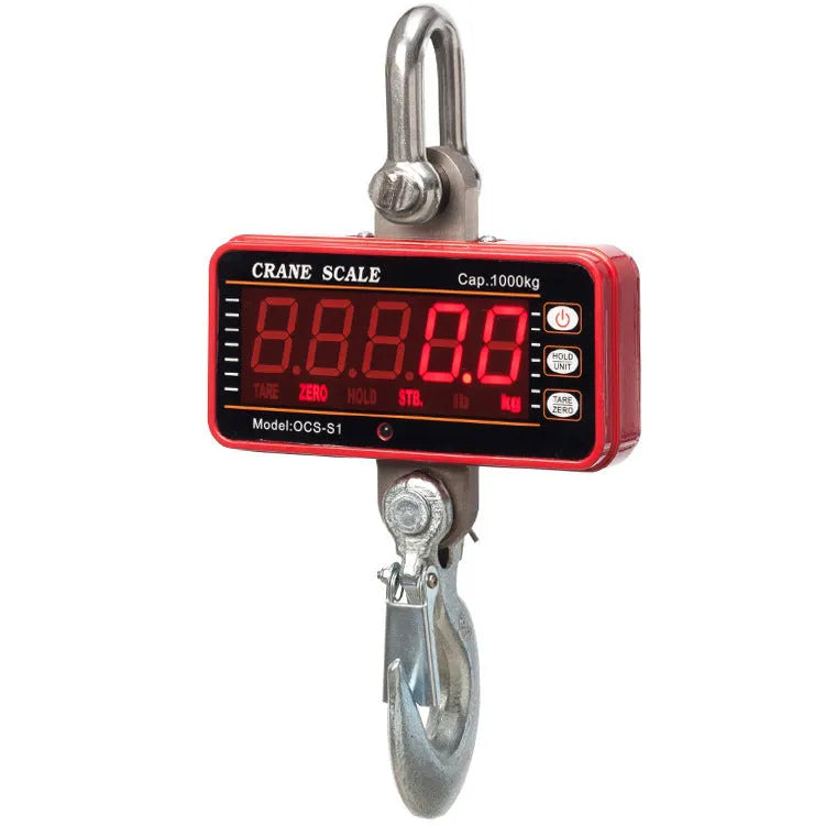 Orange electronic crane scale with digital display showing weight measurement