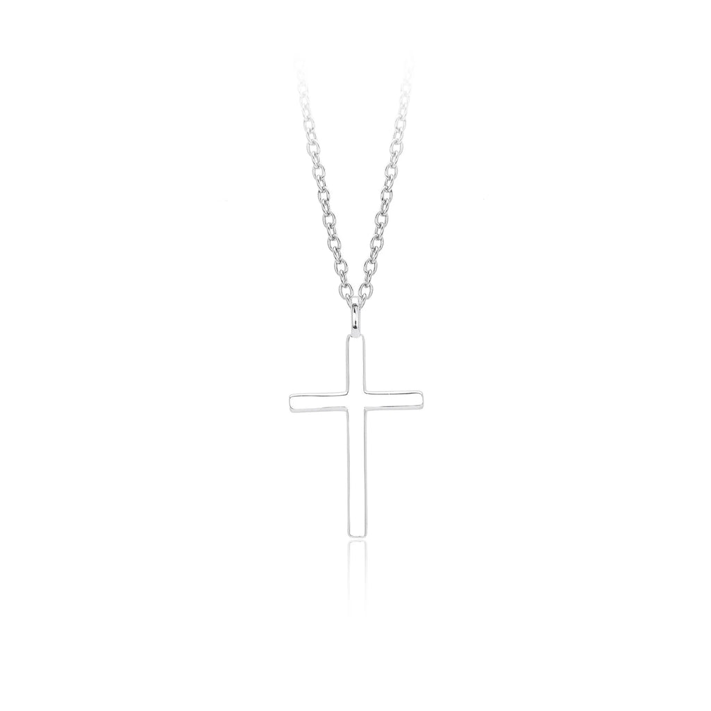 Sterling silver necklace with simple cross pendant on adjustable O-shaped chain in gold, platinum, or rose gold finish