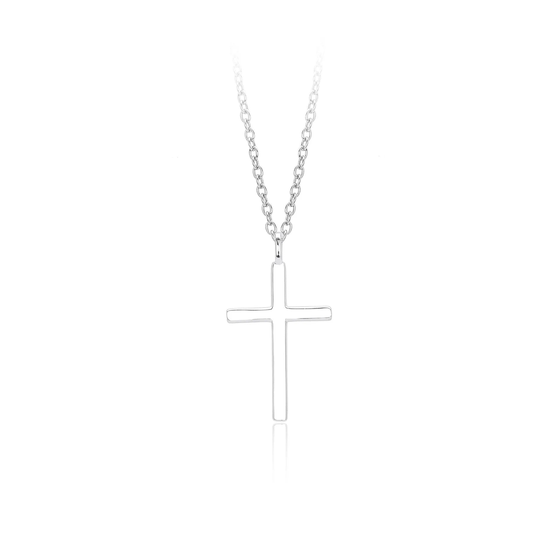 Sterling silver necklace with simple cross pendant on adjustable O-shaped chain in gold, platinum, or rose gold finish