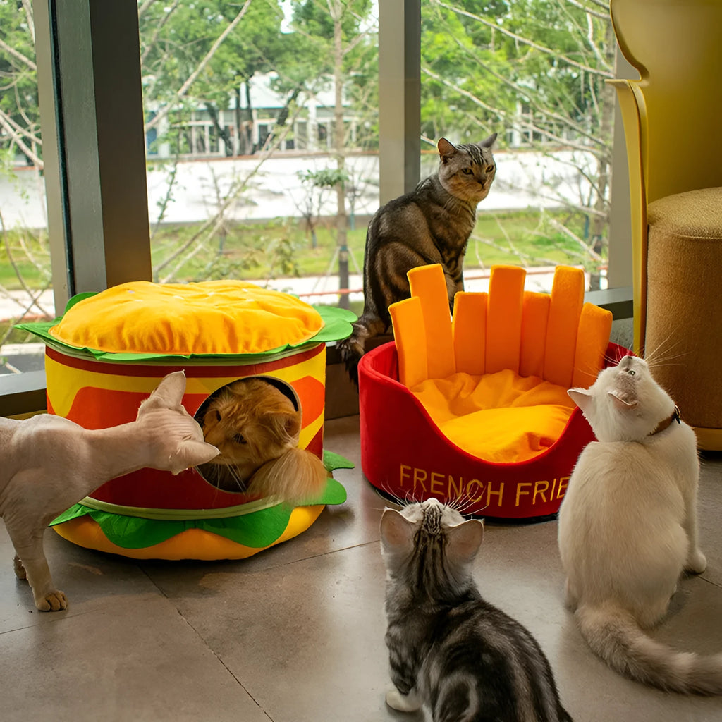 Crystal super soft velvet cat bed in French fries design with reversible cushion for four seasons