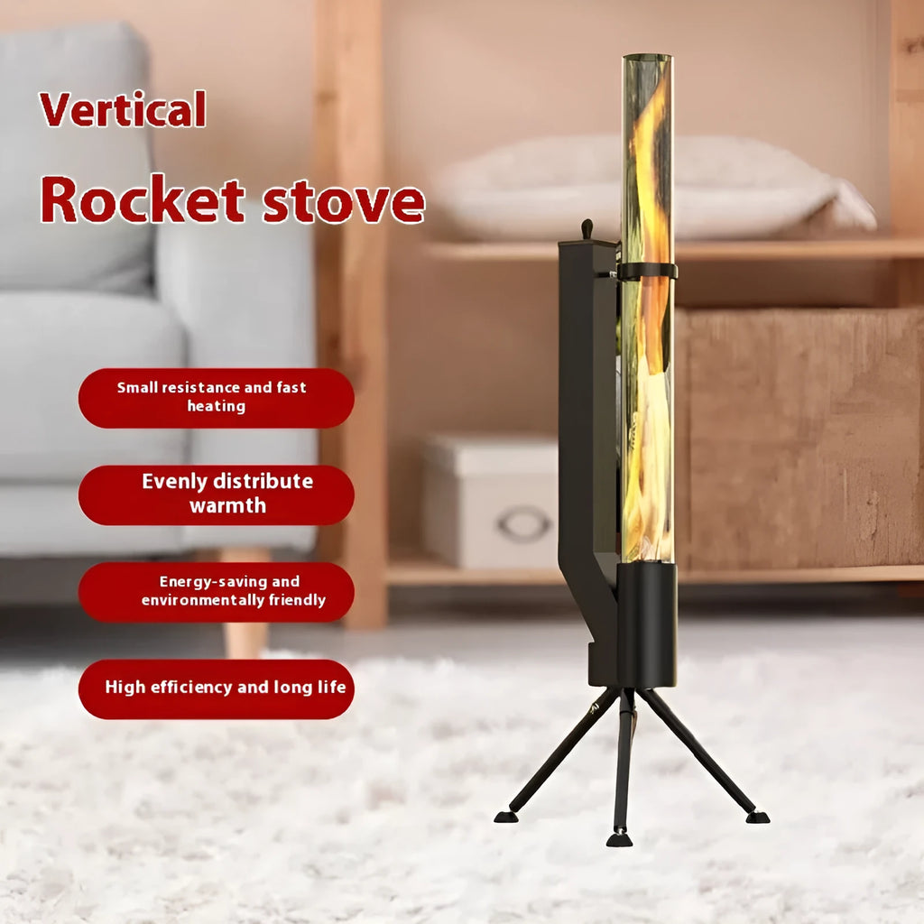 Vertical rocket integrated wood burning heating stove for courtyard installation with iron construction