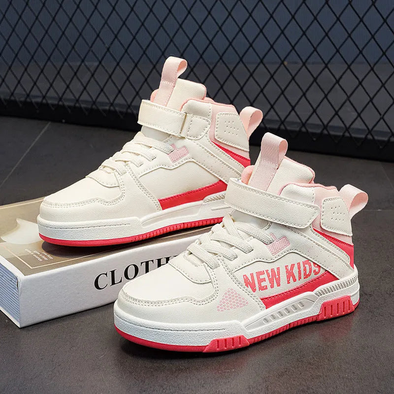 Children's street sneakers with buckle fastening, rubber soles, and letter pattern in beige green colour