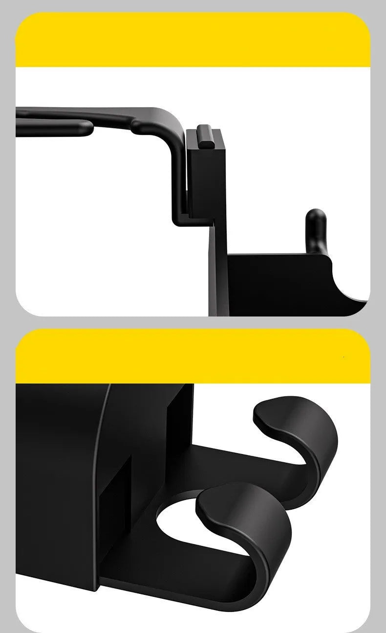 Black plastic car seat back organiser with cup holder and hook